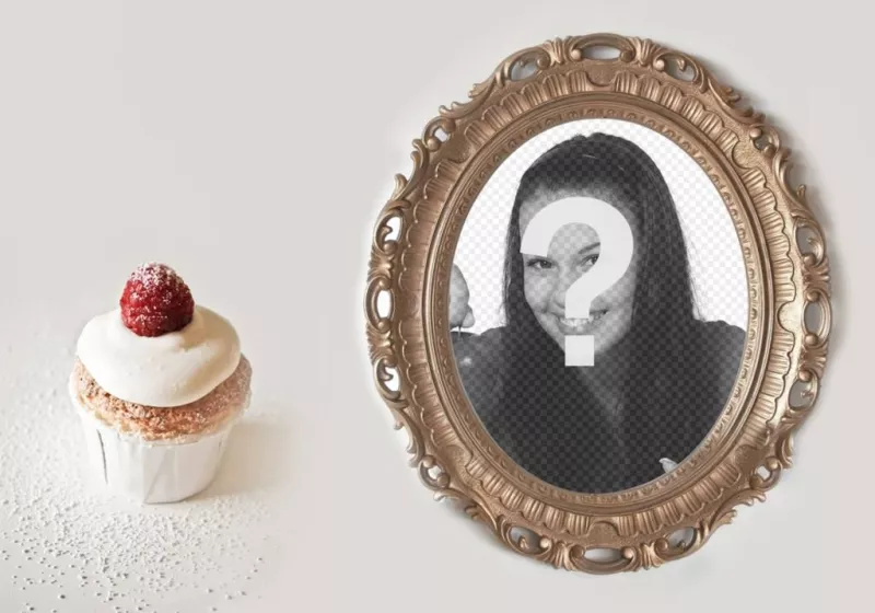 Collage of a golden photo frame with a cupcake ..