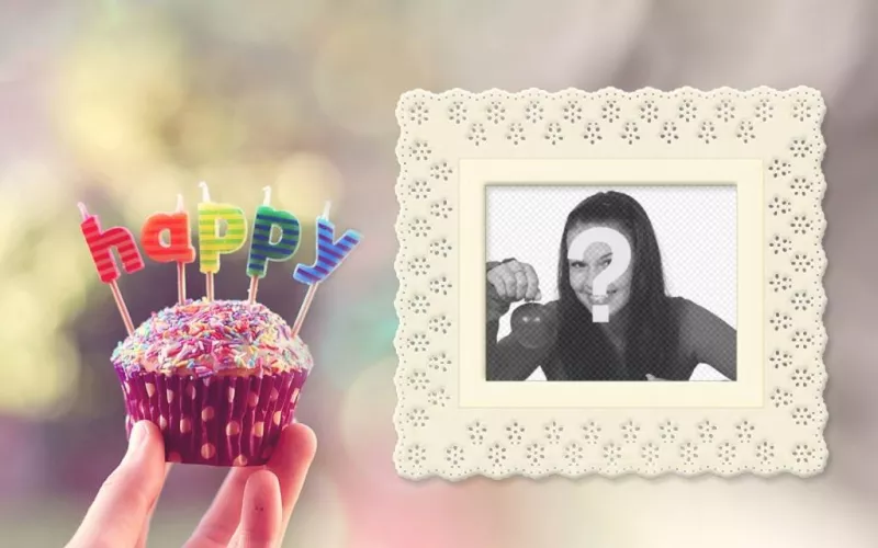 Birthday card with a cupcake and colorful letters with your photo ..