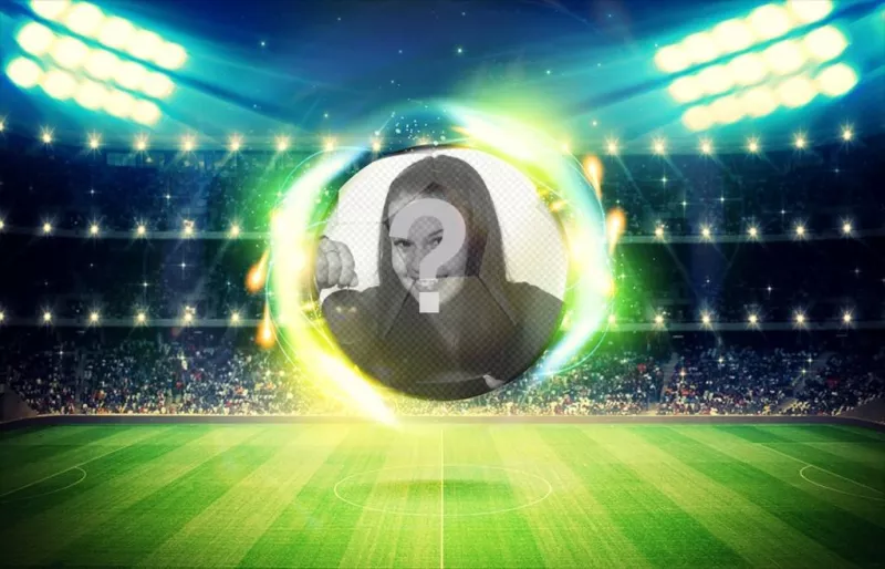 Put your photo in a frame of a football field and ball in background. ..