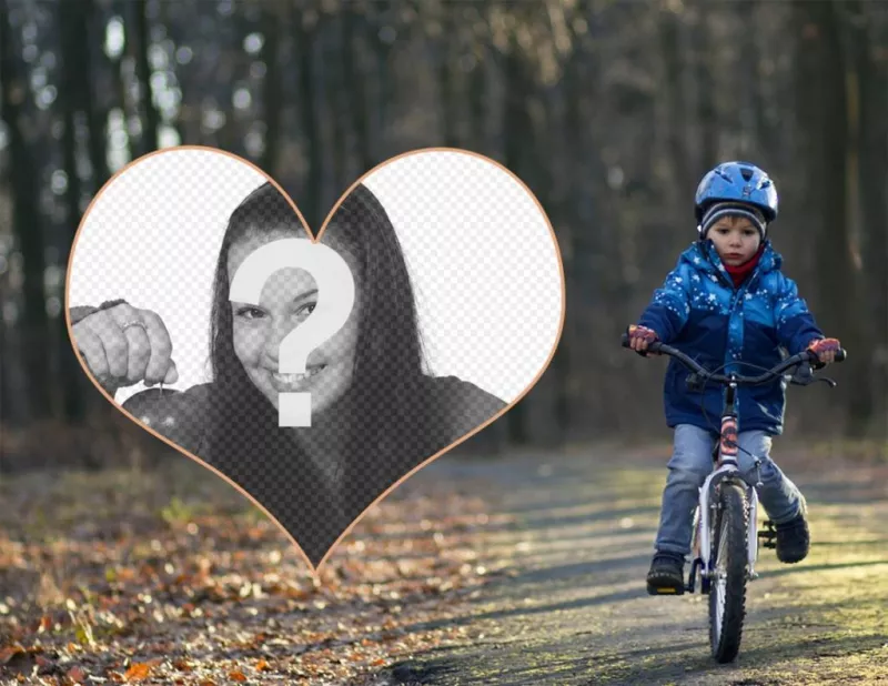 Photo frame of a child with bike and your picture in a heart. ..
