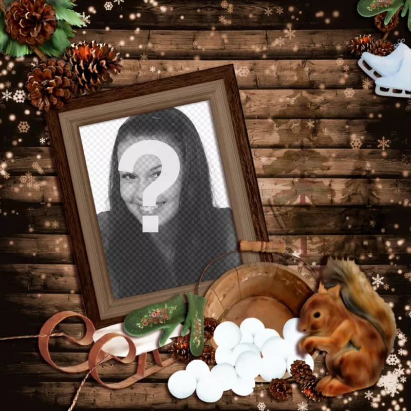 Photomontage of winter with a wooden photo frame decorated with a sled, a squirrel and several cones. ..
