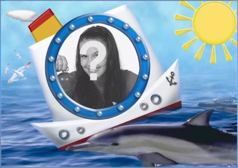 Photo frame, boat dolphin and sea. To put your vacation..