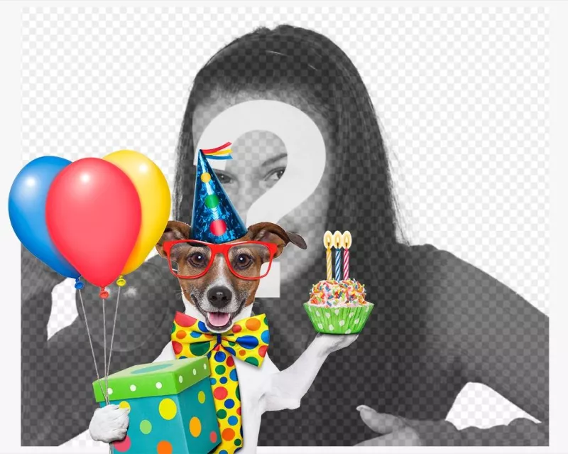 Photo effect of a dog with birthday cake and balloons ..