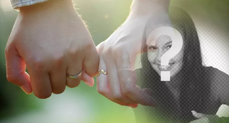 Editable photomontage with a couple holding hands with rings ..