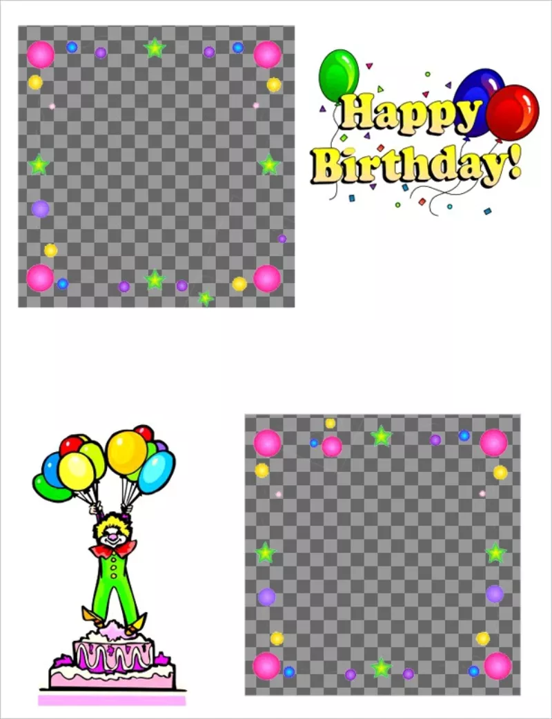 Birthday card for two photos, with motifs of cake, clown and balloons...