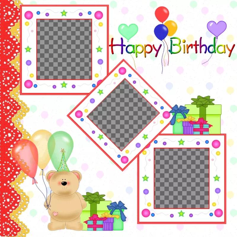 Postcard / birthday card for 3 photos with balloons and teddy bear..