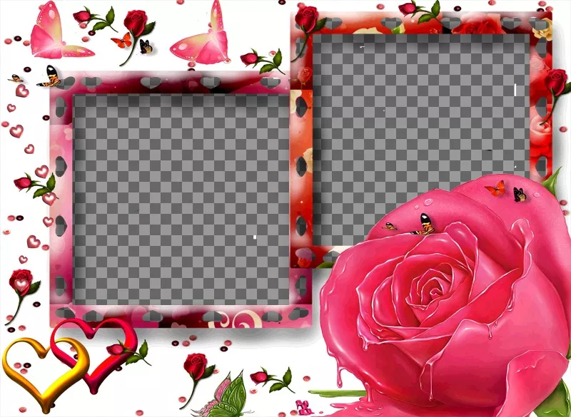 Frame for two pictures, loving motifs such as butterflies, roses and hearts. White background, predominant color pink. As detail to remember dates such as anniversaries or Valentine's Day, Valentine's..