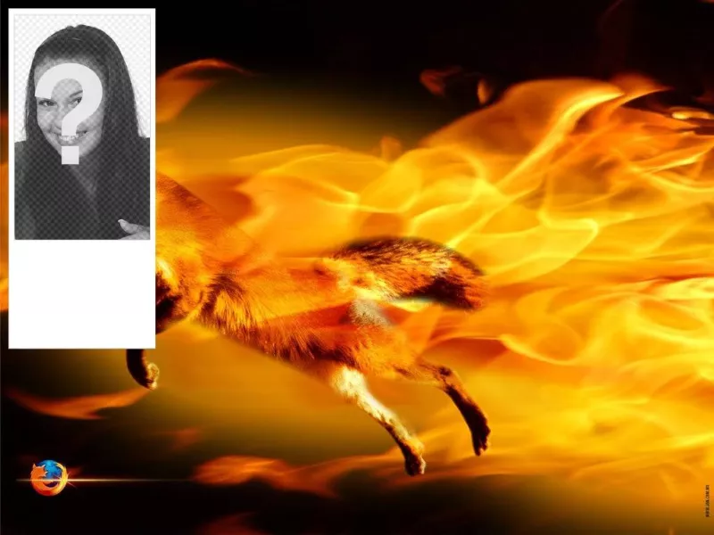 Insert your picture into this photo frame with a fox surrounded by flames, fire orange and black..