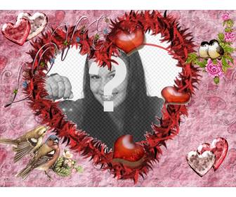 picture frame heart shaped background and bright pink birds imitating hearts for lovers