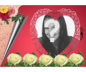 photomontage consisting of romantic pink in ur photo appears in heart-shaped frame accompanied by flowers and wrapping paper ideal for lovers to send e-mail this valentine