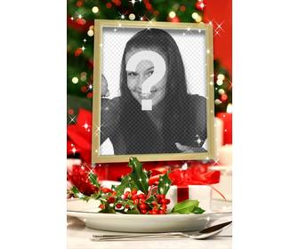 christmas card to put picture within gilt frame with glitter effects and christmas decoration