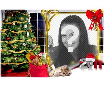 christmas card in which ur photo appears in gold frame with red ribbon and bunch of bells ur photo appears inside home at christmas with the tree and the sack of presents and small cat lying to ur image next to 2011 in silver and red with santa claus hat