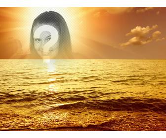 photomontage with sunset marina where cut face or image appears in the center of the sun bathing in golden glow slight sea swell