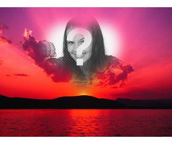 photomontage of sunset with pink sky and heart shaped frame where we can put photo