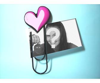 create ur custom postcard love with this simple photo frame in which clip with heart attached photograph of ur choice on light blue background