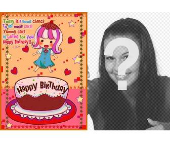 birthday card for children with picture of girl with cake hearts and stars