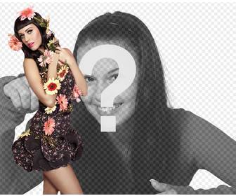 photomontage with singer katy perry with flowers and pinup style with black dress and black hair with bang