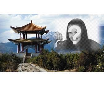 photomontage in china with landscape and typical chinese building and semitransparent where u can place ur photo
