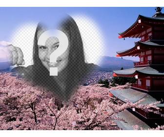 photomontage in fuhiyama japan with almond flowers and heart-shaped frame to place ur photo