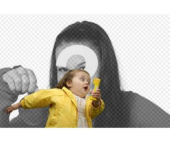 photomontage with the bubble girl in the yellow raincoat and the fashionable meme where u place ur photo and text