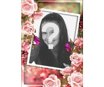 photo frame with roses around and blurred pink and green background to personalize with photo and text
