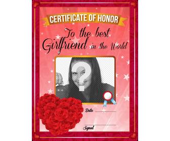 certificate to the best girlfriend in the world with red roses in heart shape to personalize with photo