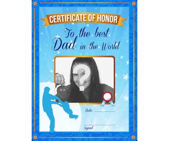 certificate of honor to the best father in the world personalized blue certificate with photo and text