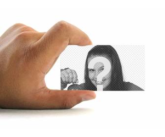 photomontage to put ur photo on business card held by hand with white background