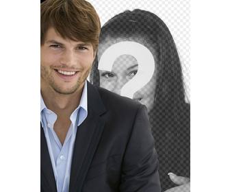 photomontage with ashton kutcher in suit with stubble and short hair to have picture with him