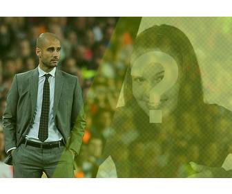 create photomontage with pep guardiola on football field and picture of u with green filter and the phrase u want