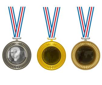 collage with three gold silver and bronze  medals to put in the center three photos of the champions