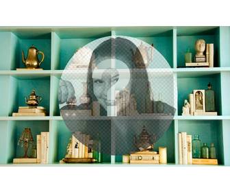 create photo collage with this vintage aquamarine shelf with circle in which u can place ur picture