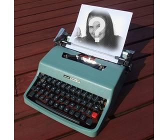 photomontage with vintage typewriter olivetti turquoise with paper to put picture