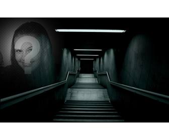 create terrifying collage with the image of dark staircase and two photographs on each side