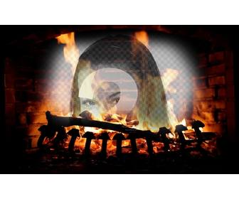 photomontage with the image of fireplace with burning logs and ur online uploaded picture overlaid with the fire