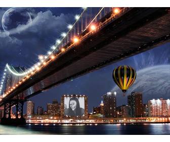 photomontage on poster of building next to balloon and bridge