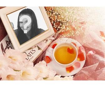 photo frame with flowers to put ur picture with rose petals and cup of tea