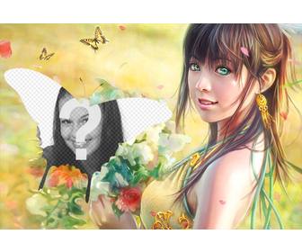 collage with butterflies and drawing of girl picking flowers in the field