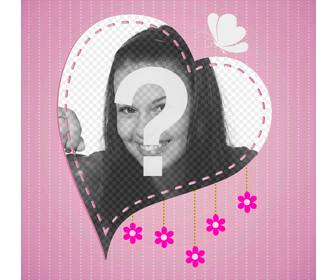 heart shaped frame on pink background with dotted lines butterfly and flowers