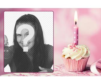 pink birthday card with picture frame and cupcake with candle