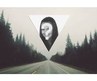 indie montage with triangle-shaped picture over an infinite horizon in road between trees