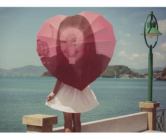 photomontage in the sea with an umbrella in the shape of heart on romantic background