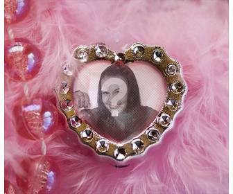 collage of pink jewel heart and velvety background with beads