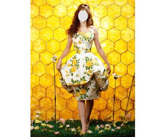photomontage of girl posing with beehive background