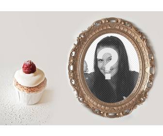collage of golden photo frame with cupcake