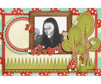photo frame with infantile or juvenile drawings with trees and an owl
