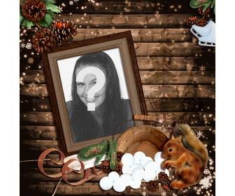 photomontage of winter with wooden photo frame decorated with sled squirrel and several cones