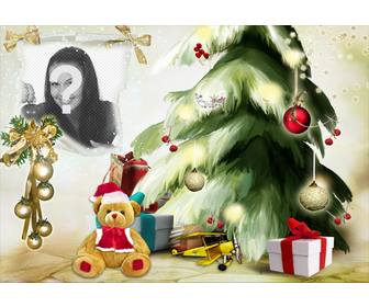 christmas photomontage with christmas tree and bear