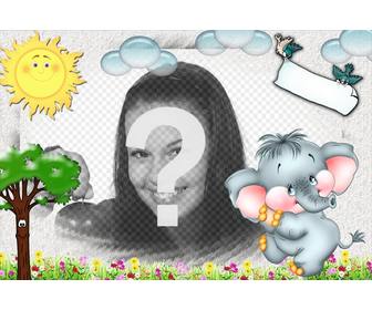 children photomontage with ur photo of background and drawn landscape