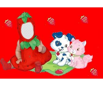 virtual costume for children of strawberry with red background and puppies